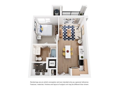 Floor plan for 1 bed, 1 bath, 642 sqft